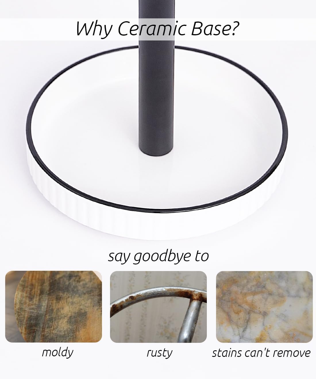 VROOMIUM Black Paper Towel Holder Countertop, Ceramic Base Easy-to-Clean, 1.4 lbs, 7" B x 12.5" H, Stable Elegant and Durable Kitchen Roll Stand