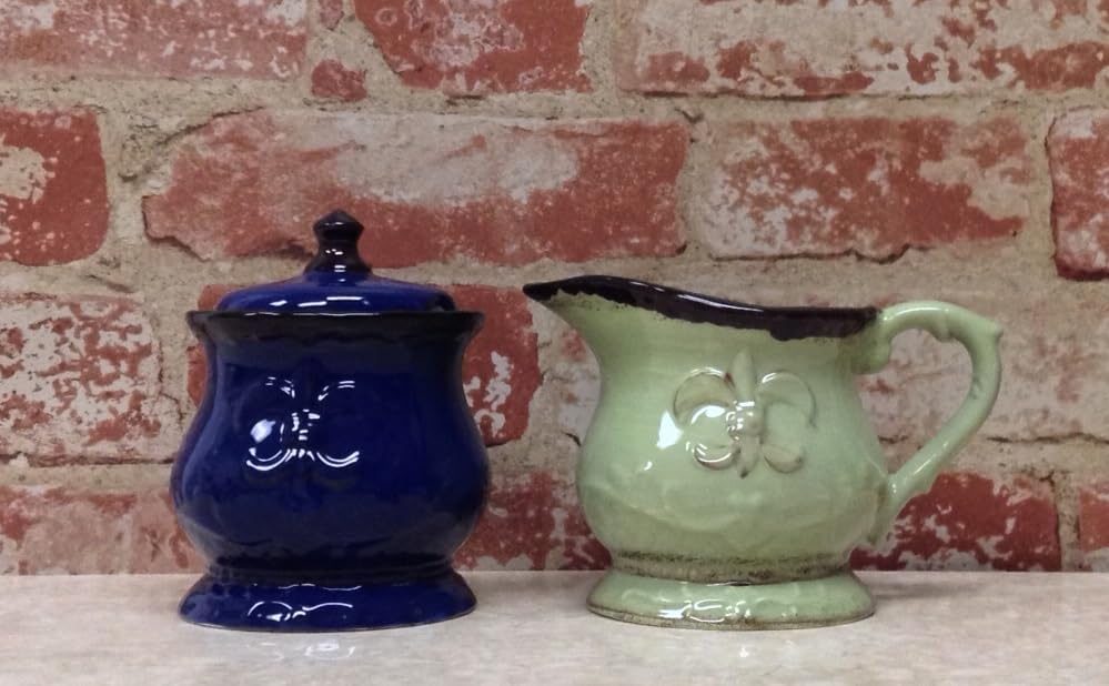 ACK Tuscany Colorful Ceramic Hand Painted Fleur De Lis Cream & Sugar Set of 2pcs