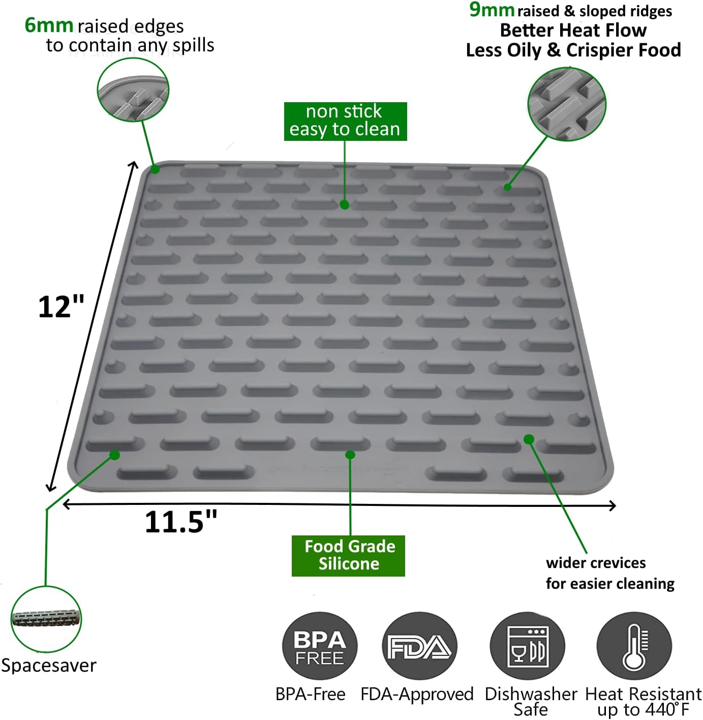 Silicone Roasting Mat and Silicone Baking Mat Combo for Air Fryer Oven - Set of 3 Food Safe, Non-Stick Baking Mat and Silicone Roasting Racks with Bonus Non-Stick Oven Liner