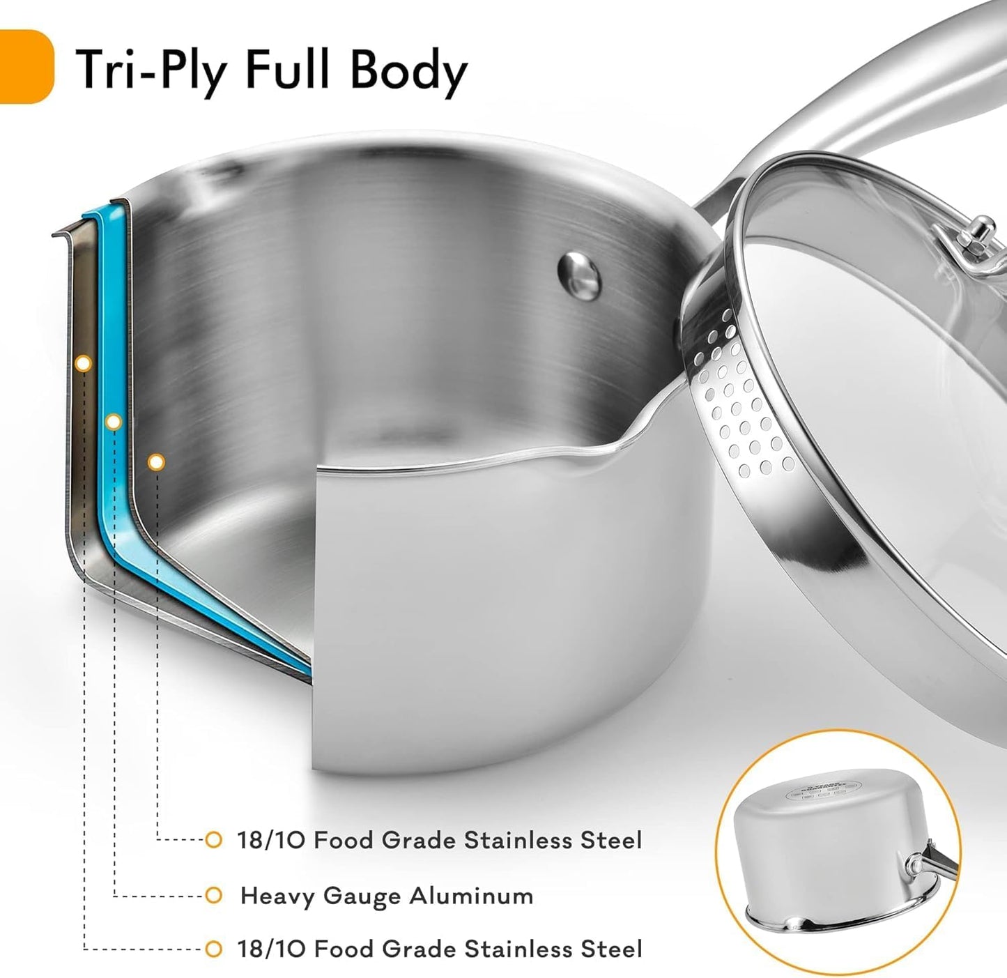Tri-Ply Stainless Steel Sauce Pan with Steamer Basket & Straining Glass Lid— 2-in-1 Multi-Function Pot for Steaming, Boiling & Simmering — Healthy, Durable, Rust-Resistant, Professional-Grade Cookware