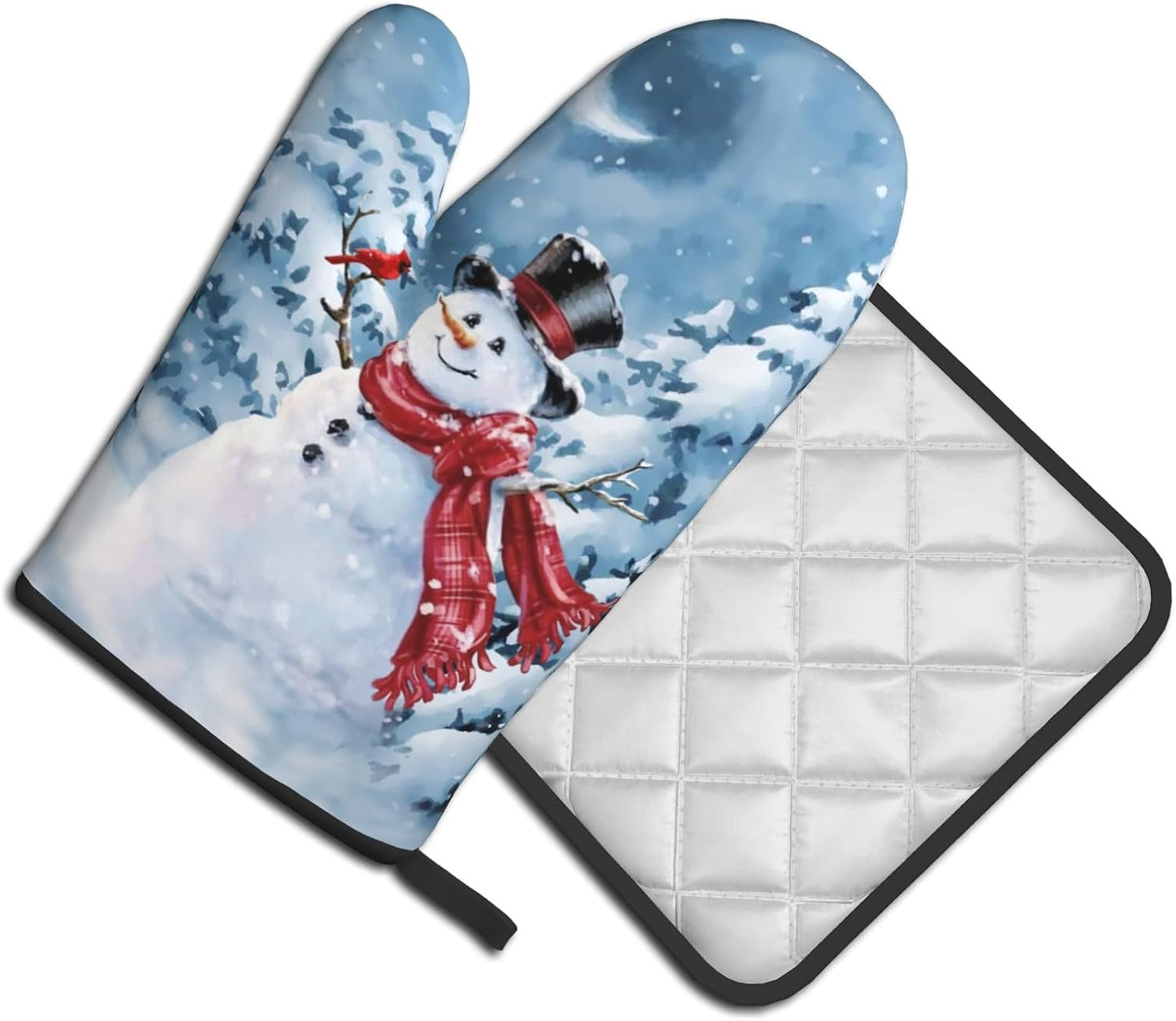 Blue Snowman Oven Mitts and Pot Holder Set of 2 Winter Snow Kitchen Gloves Potholders Heat Resistant for Chef Baking Cooking Grilling BBQ