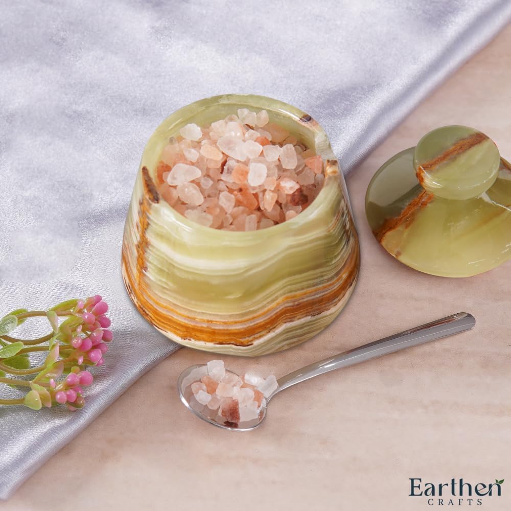 Marble Salt Cellar With Lid Green 3" Inches Salt Holder Seasoning & Spice Jar with Spoon Container, Modern Salt Keeper for Kitchen Countertop