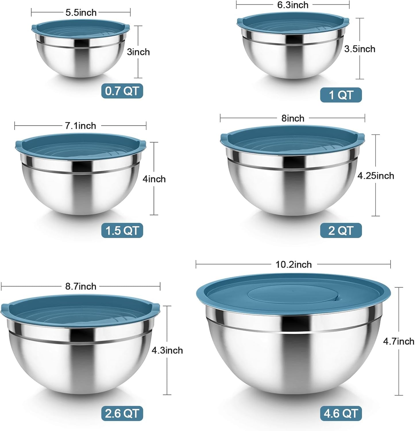 TeamFar Mixing Bowls with Lids Set, 6PCS Stainless Steel Metal Nesting Salad Bowl with 3 Grater Attachments, for Food Baking/Mixing/Serving/Storing, Dark Blue- 4.6/2.6/2 / 1.5/1 / 0.7 QT