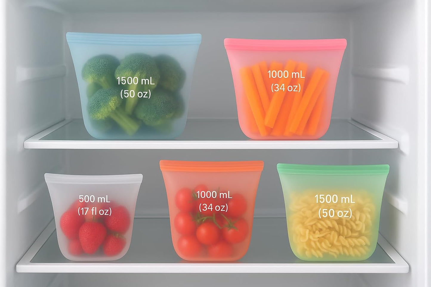 Silicone Food Storage Bags, Stand Up Zip Container Set for Soup, Sandwich, Leftovers, Microwave Safe, BPA Free, AR3T Home Essentials (Multi Color 6 pack)