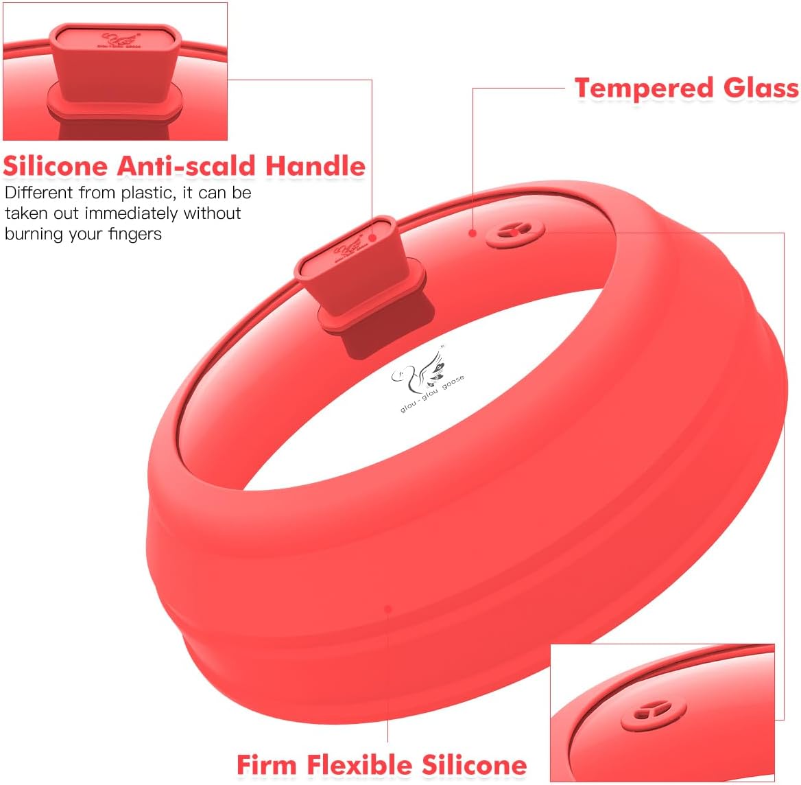 Microwave Splatter Cover Glass Splatter Guard Lid with Collapsible Silicone for Food Plate Cover 9 inch Red