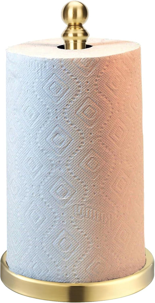 Gold Paper Towel Holder Countertop with Weighted Stainless Steel Base, One-Handed Design No Tipping Over, Standing Paper Towel Holder Standing in Brushed Gold Finish