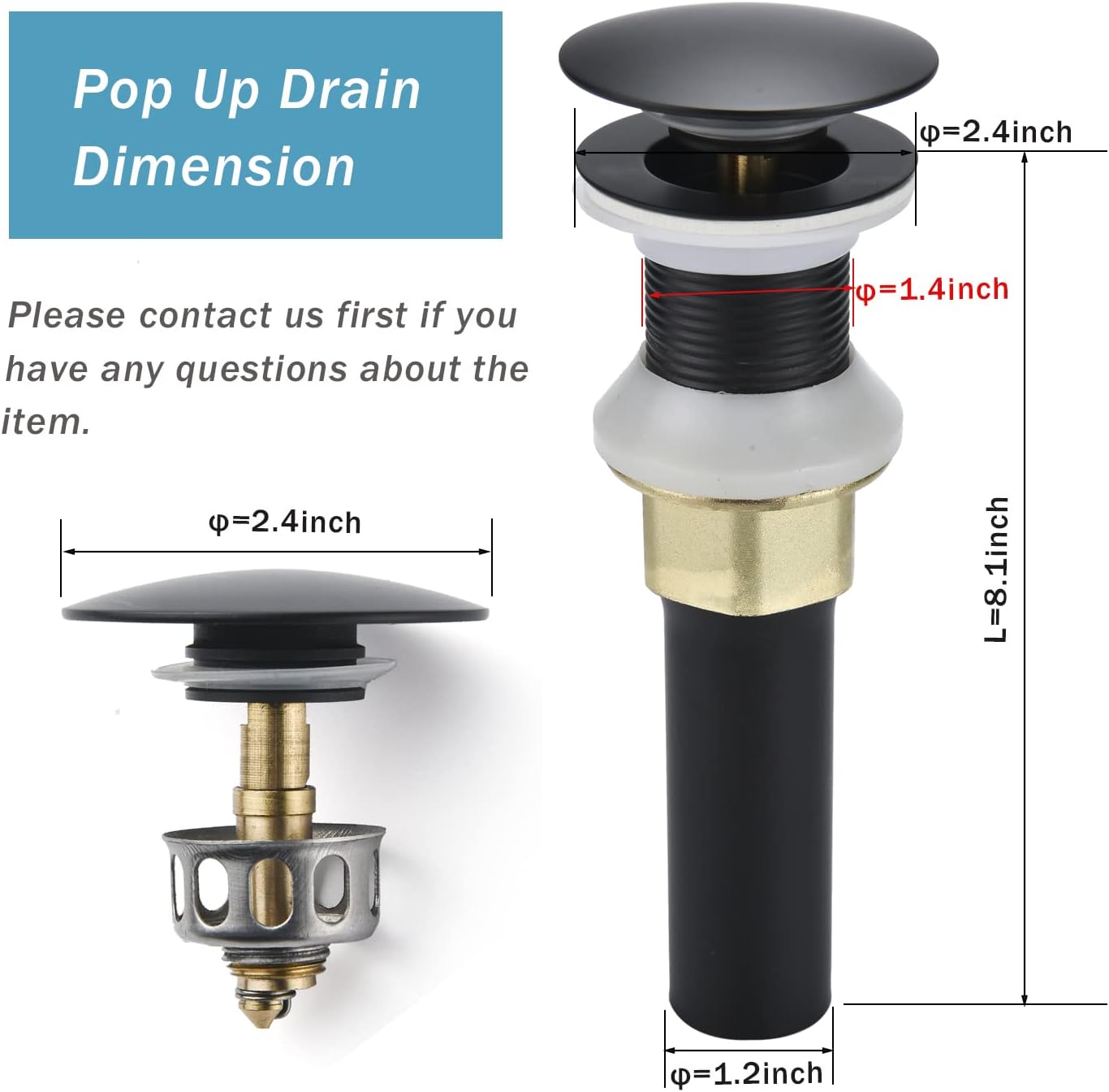 Bathroom Sink Drain,Drain Stopper Bathroom Sink Without Overflow,Pop Up Drain Assembly with Detachable Strainer Basket,Built-in Anti-Clogging Strainer,Stainless Steel Mattle Black