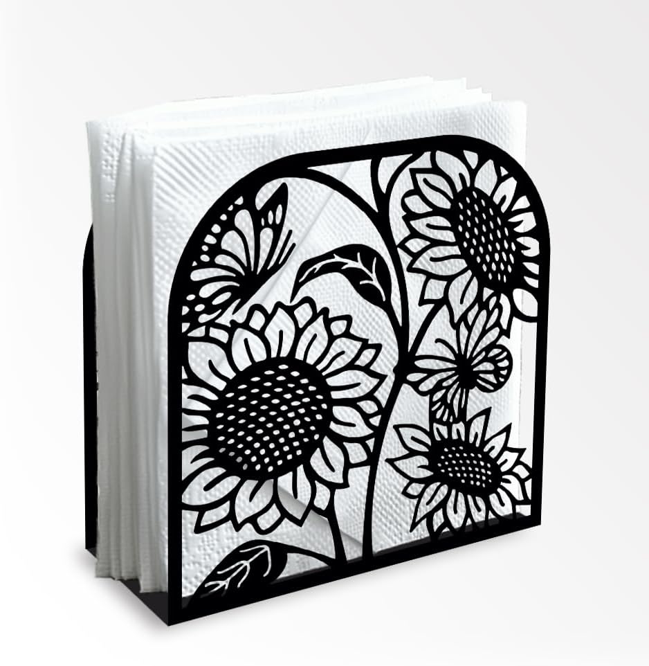 Sunflower and Butterfly Decorative Black Metal Napkin Holder for Table, 4.9" x 4.9" x 1.9" Standing Napkin Holder for Home Kitchen Restaurant Picnic Party Coffee Bar Dining Room