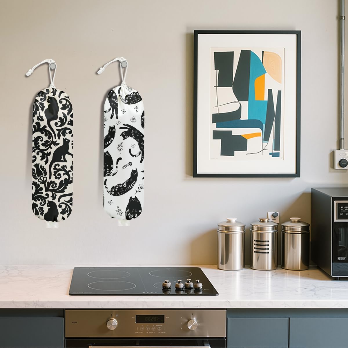 2Pcs Black White Floral Cat Plastic Bag Holder, Wall Mount Grocery Bag Holder for Plastic Bags, Mysterious Cats Reusable Grocery Bags Storage Dispenser for Home Kitchen Decor, Cat Lover Gifts
