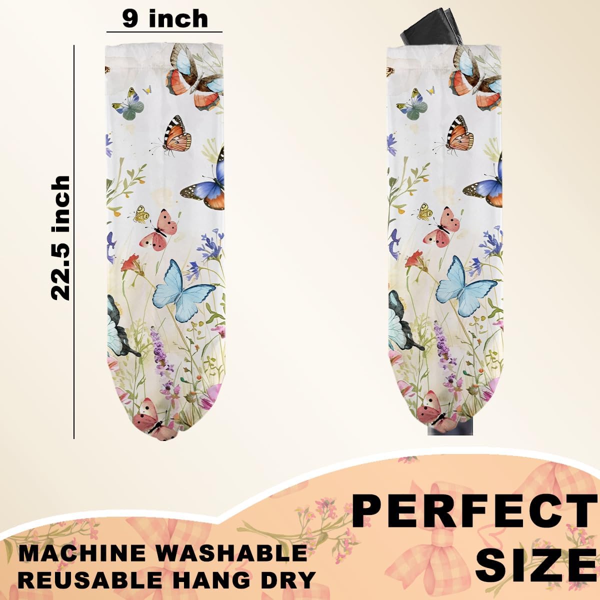 2Pcs Vintage Floral Plastic Bag Holder, Wall Mount Trash Bag Holder, Summer Floral Colorful Butterfly Large Reusable Grocery Bags Storage Dispenser for Home Kitchen Pantry, Butterfly Gifts for Women