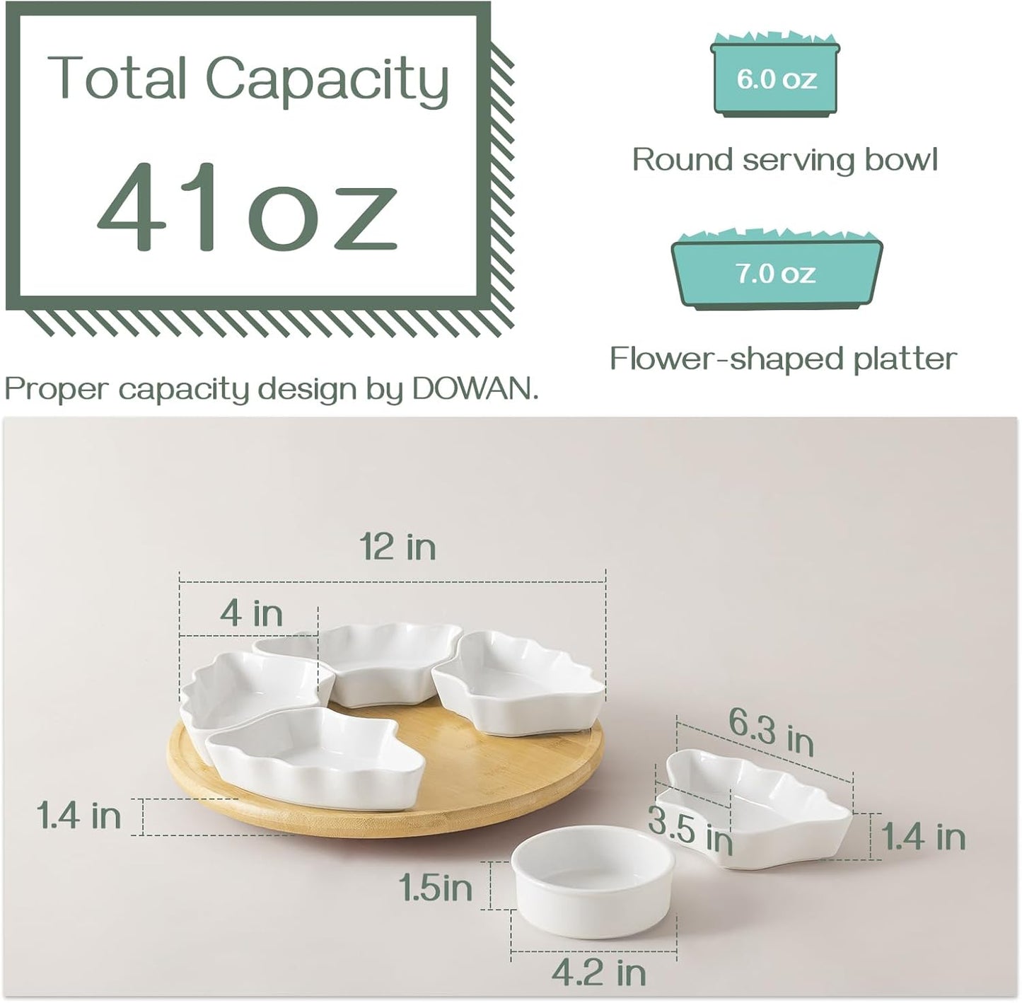 DOWAN 360° Rotatable Serving Tray and Platters, 12 Inch Divided Serving Bowls for Party, Kitchen Decor, Removable Serving Dishes for Chips and Dip, Fruit, Veggies, Candy and Snacks, 7 Pieces, White