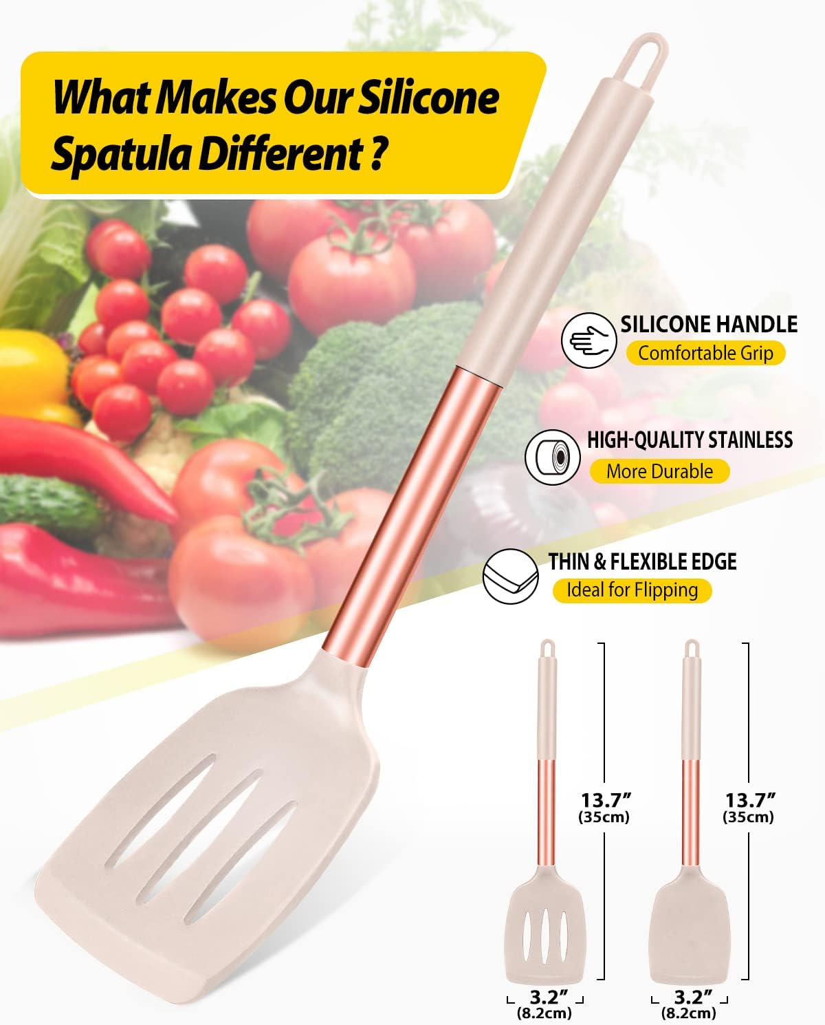 Pack of 2 Silicone Solid Turner, Non Stick Slotted Kitchen Spatulas, High Heat Resistant BPA Free Cooking Utensils, Ideal Cookware for Fish, Eggs, Pancakes(Rose Gold Khaki)