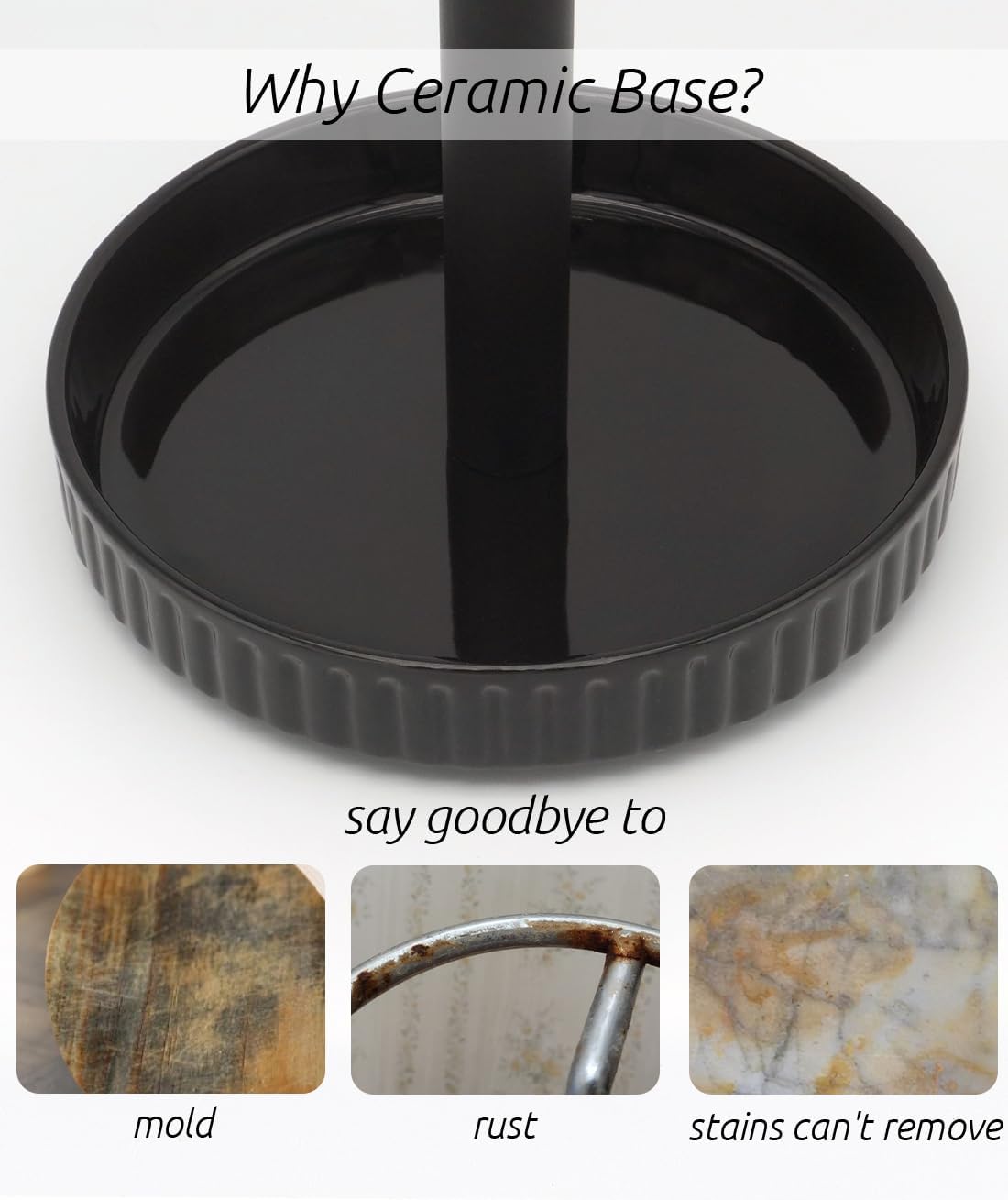 VROOMIUM Paper Towel Holder Countertop, Ceramic Base Easy-to-Clean, 1.5 lbs, 7" B x 12.5" H, Stable Elegant and Durable Kitchen Roll Stand, Classic Black