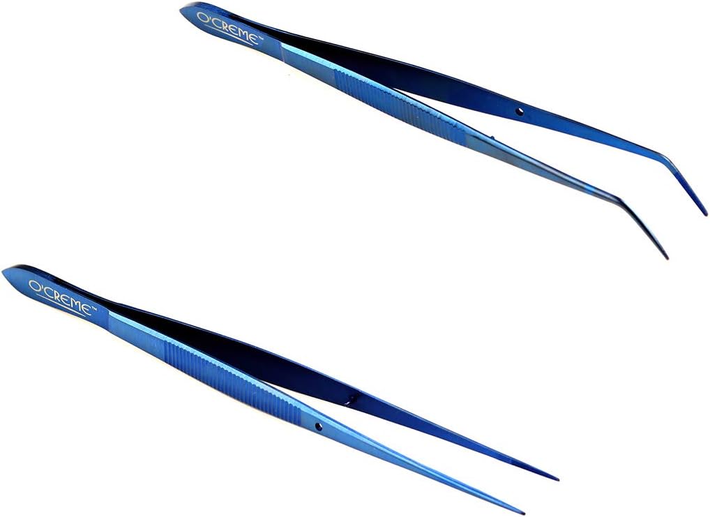 O'Creme Blue Stainless Steel Precision Kitchen Culinary Fine-Tip Tweezer Tongs, 1 Curved and 1 Straight