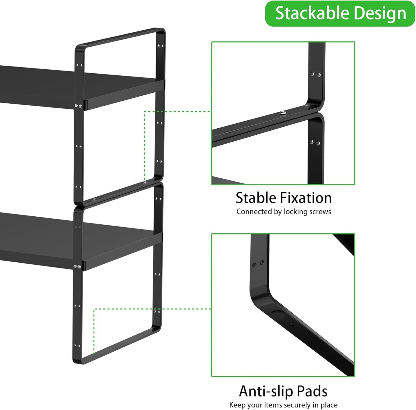 Expandable Cabinet Storage Shelf Stackable Organizer Rack for Kitchen Bathroom Pantry Spice Cupboard Countertop Home Office Desk Heavy Duty Nonslip Black Large 2 Pack