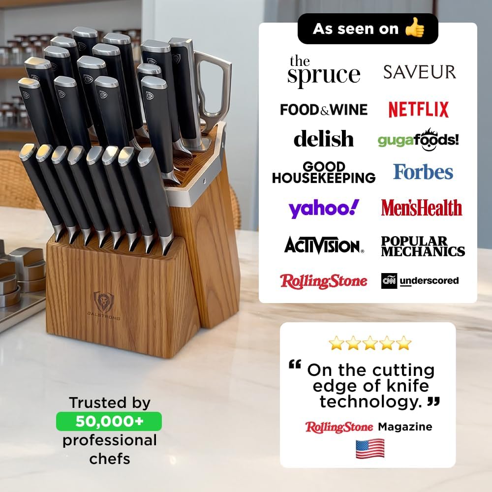 Dalstrong Vanquish Series - 24pc Stainless Steel Knife Set with Block & Kitchen Scissors - Forged High Carbon German Stee l- Knife Set w/POM Black Handle - NSF Certified