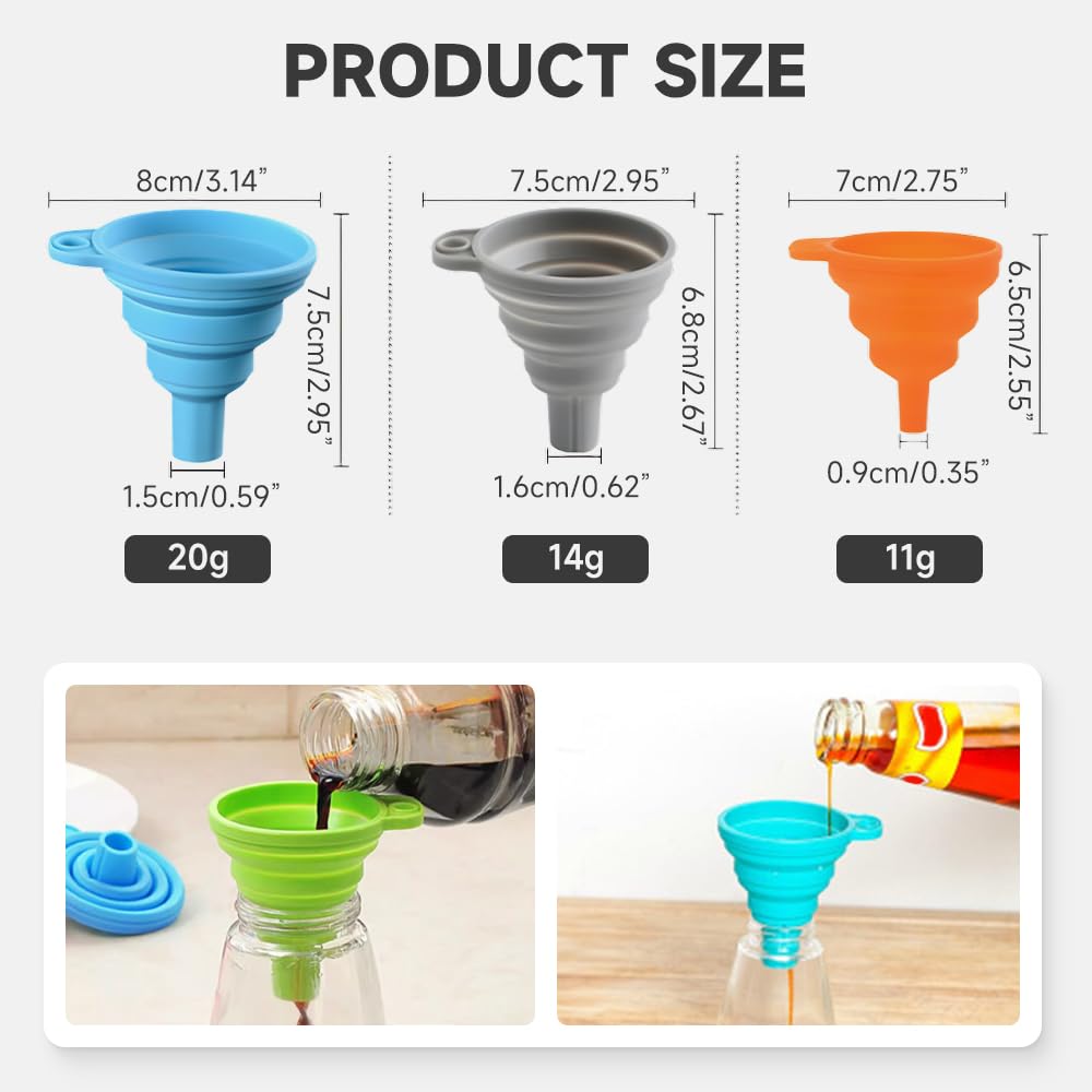 Kitchen Funnel Set, 2025 Upgrade Silicone Collapsible Funnel Silicone Collapsible Food Funnels for Kitchen 3 Sizes Funnels for Home Use Filling Bottles Daily Cooking (Grey, 2Set 11+14+20g)