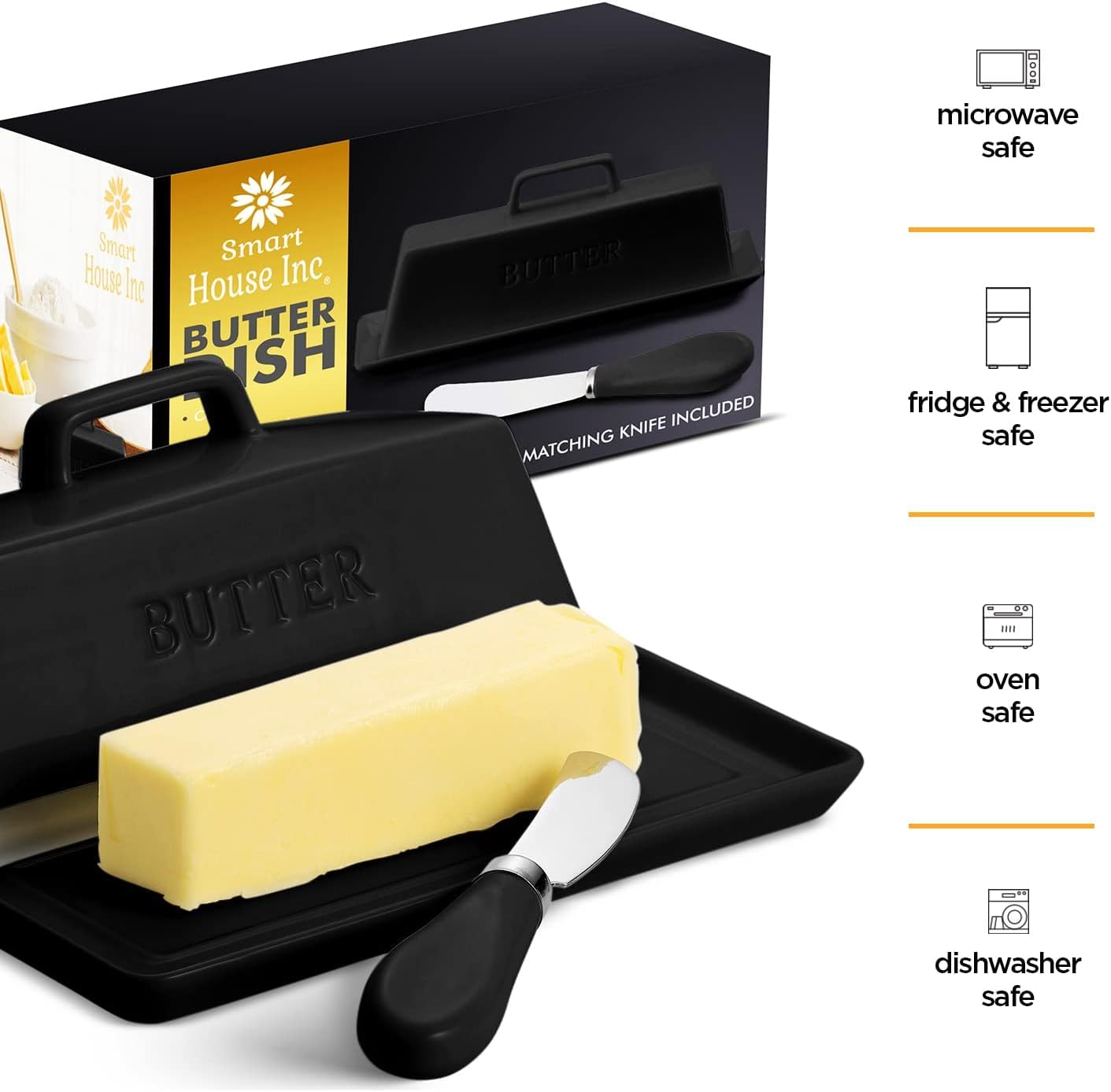 Ceramic Butter Dish Set with Lid and Knife - [Black]- Decorative Butter Stick Holder with Handle for 1 Stick of Butter - Microwave Safe, Dishwasher Safe - Anti-Scratch Stickers Included.