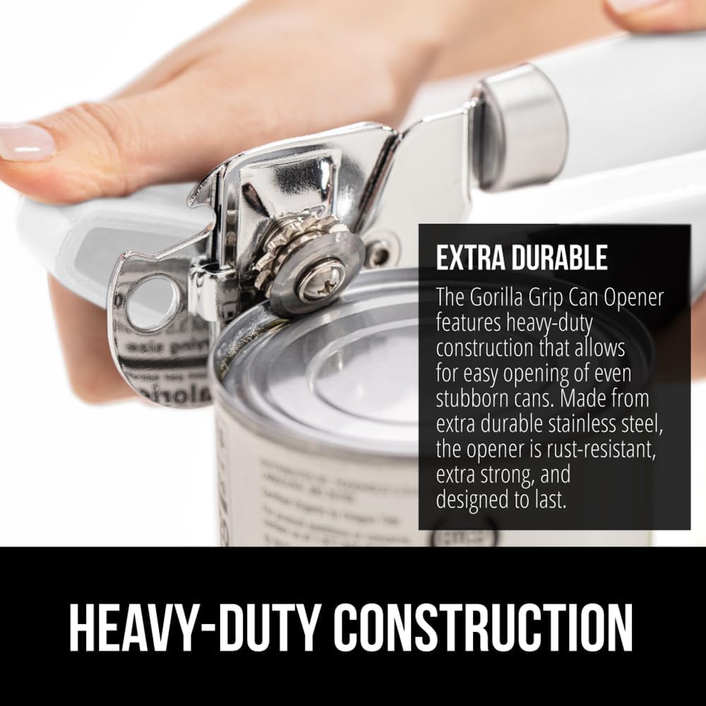 GORILLA GRIP Heavy Duty Stainless Steel Smooth Edge Manual Can Opener and Bottle Openers, Soft Comfortable Handle, Oversized Handheld Turn Knob, US Designed Multifunctional Kitchen Tool, White
