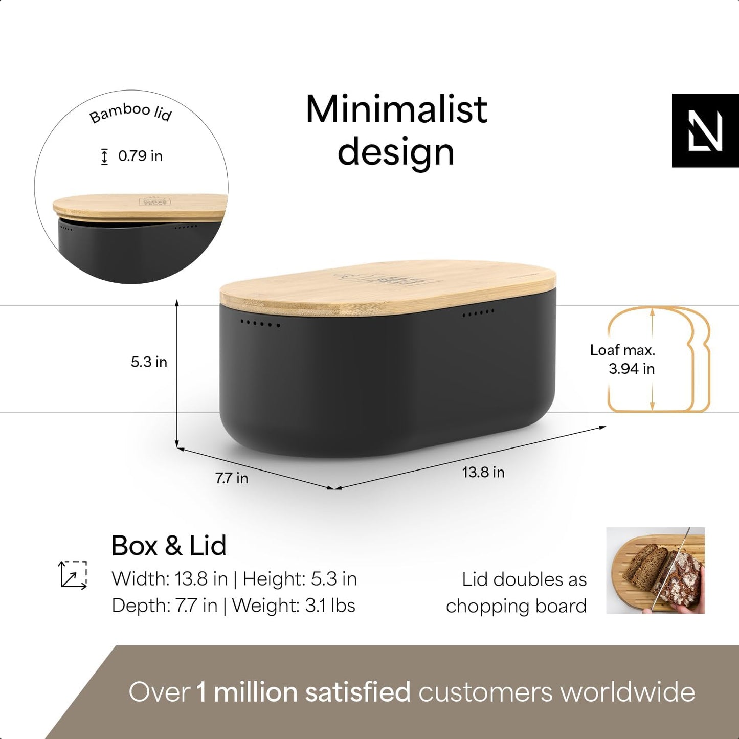 LARS NYSØM Bread Box I Metal Box with linen bag for long lasting freshness I Bread Bin with bamboo lid usable as cutting board I 14.2x7.5x5.1 In (Carbon Black)