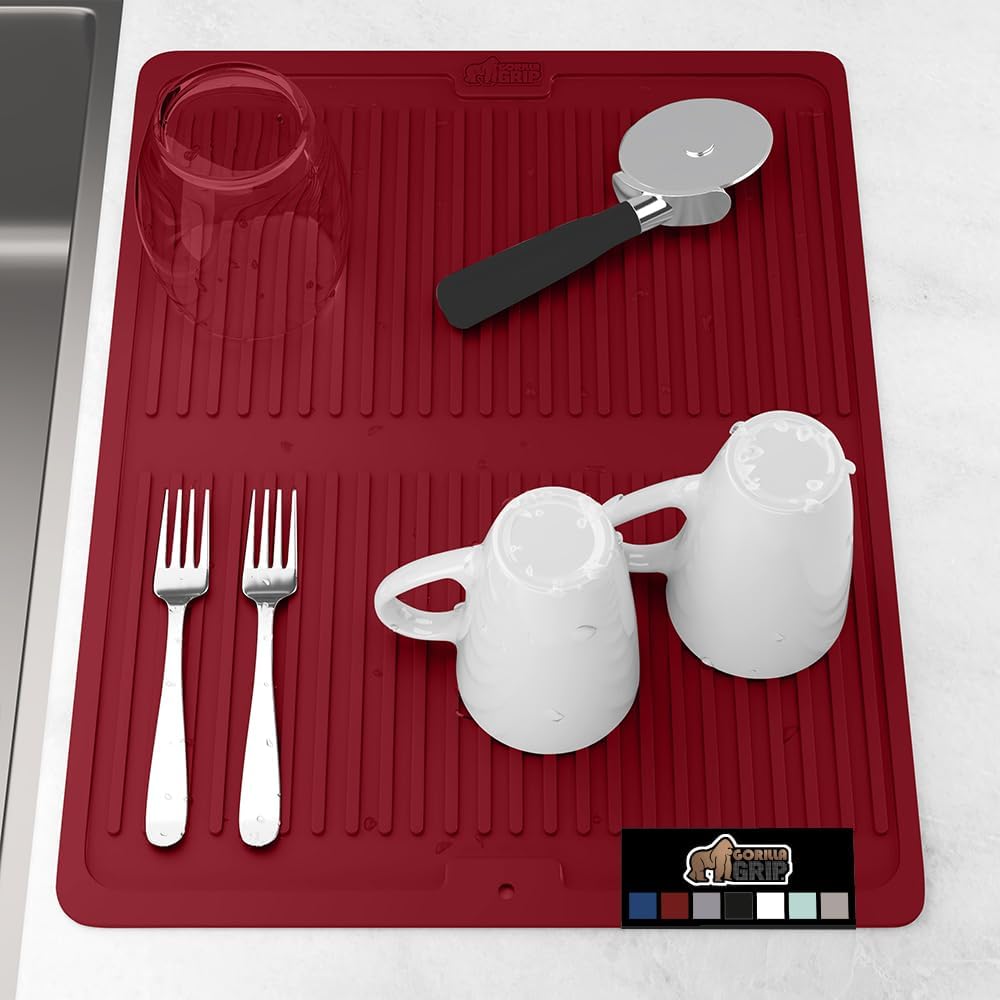 GORILLA GRIP 100% BPA-Free Patented Silicone Dish Drying Mat for Kitchen Counter, 18x16 Inch, Water Catching Ribbed Design, Easy Clean Waterproof Sink Liner, Heat Resistant, Fits Under Rack, Red