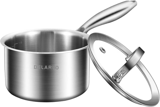 DELARLO Tri-Ply Stainless Steel 1 Quart Saucepan with Lid, Compatible With All Stove 600℉, Small Pots for Cooking, Fast Even Heats, Stainless Pot 1QT, Durable Sauce Pot, Saucepan with Lid