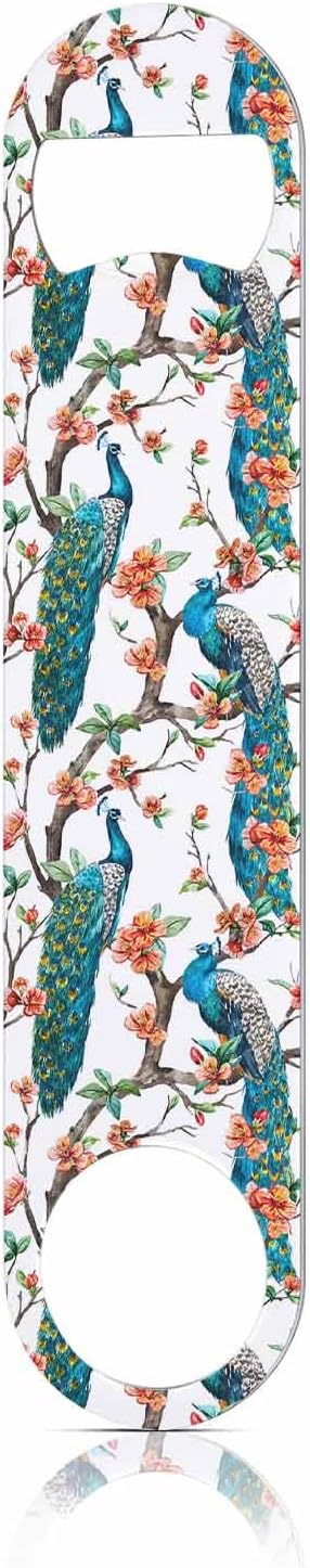 Watercolor Peacock Stainless Steel Bottle Opener Flowering Cherry Trees Art Bird Feather Pattern Exotic Flat Beer Bottle Opener Keychain for Home Kitchen Bar Restaurant Party Birthday Gift