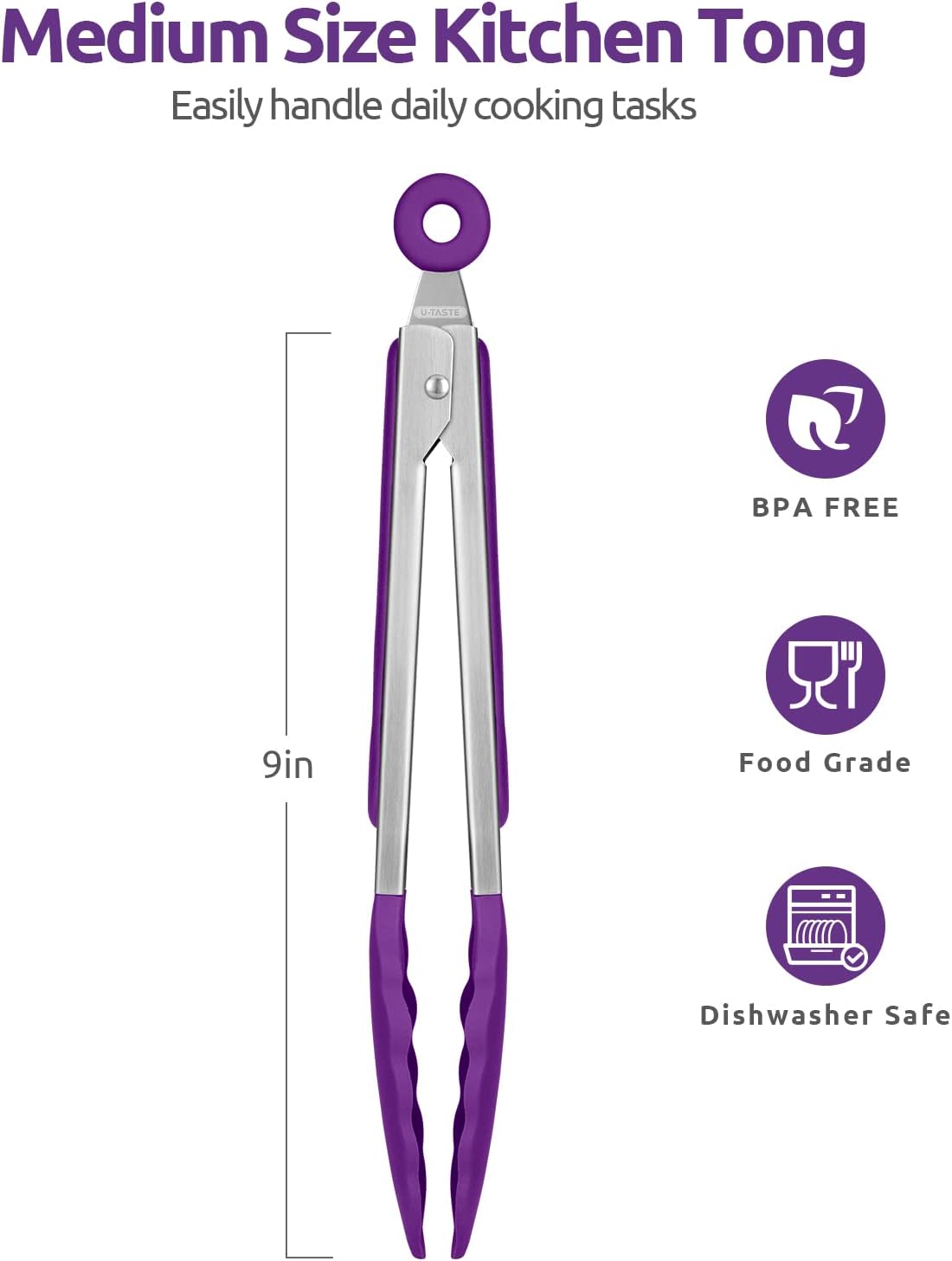 600ºF Heat Resistant Kitchen Tongs: U-Taste 9 inch Silicone Cooking Tong with Firm Sealed Non Stick Rubber Tips & Silicon Coated 18/8 Stainless Steel Handle & Smooth Locking for Serving Grill (Purple)