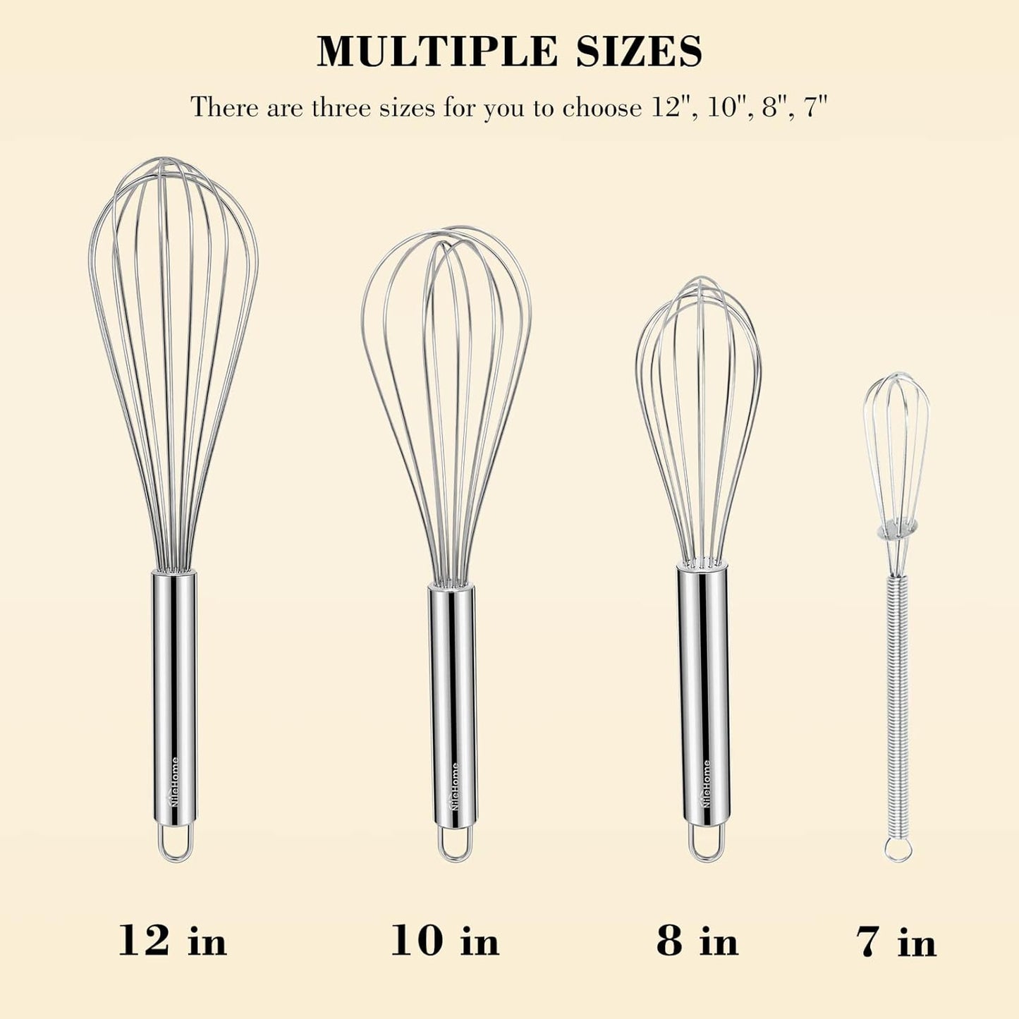 NileHome Stainless Steel Whisk Set 8" 10" 12" Kitchen Whisk Kitchen Wisk Wire Whisks for Cooking, Whisking, Blending, Beating, Stirring-4 Pack
