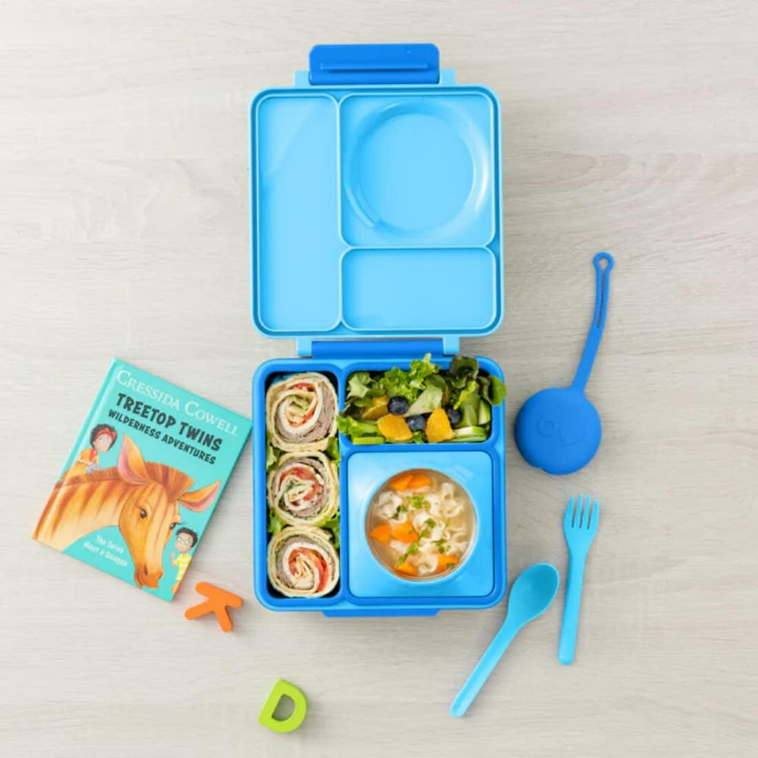 OmieBox Bento Box for Kids - Insulated Bento Lunch Box with Leak Proof Vacuum Insulated Food Jar - 3 Compartments, Two Temperature Zones (Blue Sky)