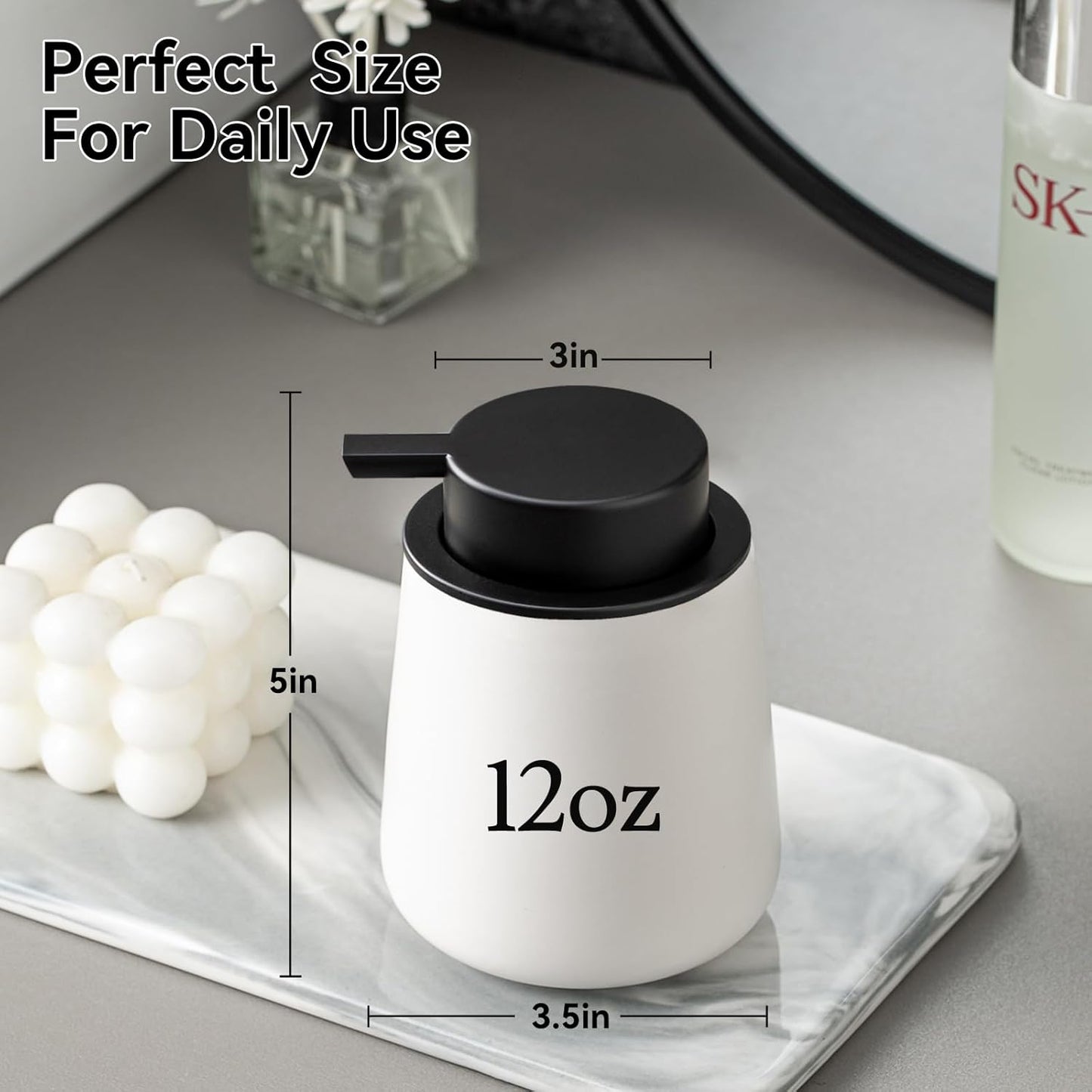 Foaming Soap Dispenser - 12 OZ White Ceramic Foam Soap Dispenser for Bathroom, Hand Wash Dispenser Bottle with Black Foaming Pump, Refillable Dish Dispenser Kitchen