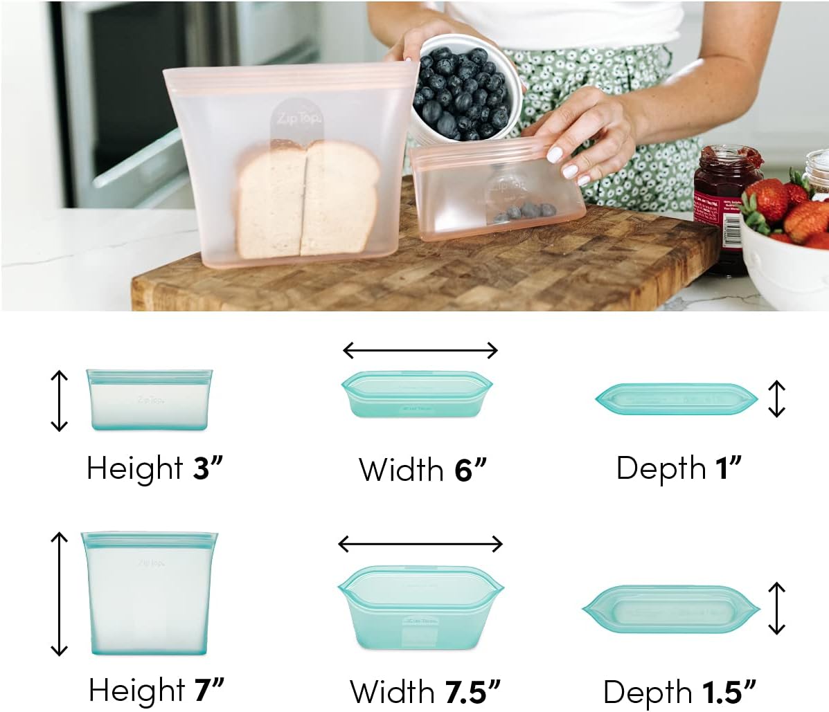 Zip Top Reusable Food Storage Bags | 2 Bag Set [Frost] | Silicone Meal Prep Container | Microwave, Dishwasher and Freezer Safe | Made in the USA