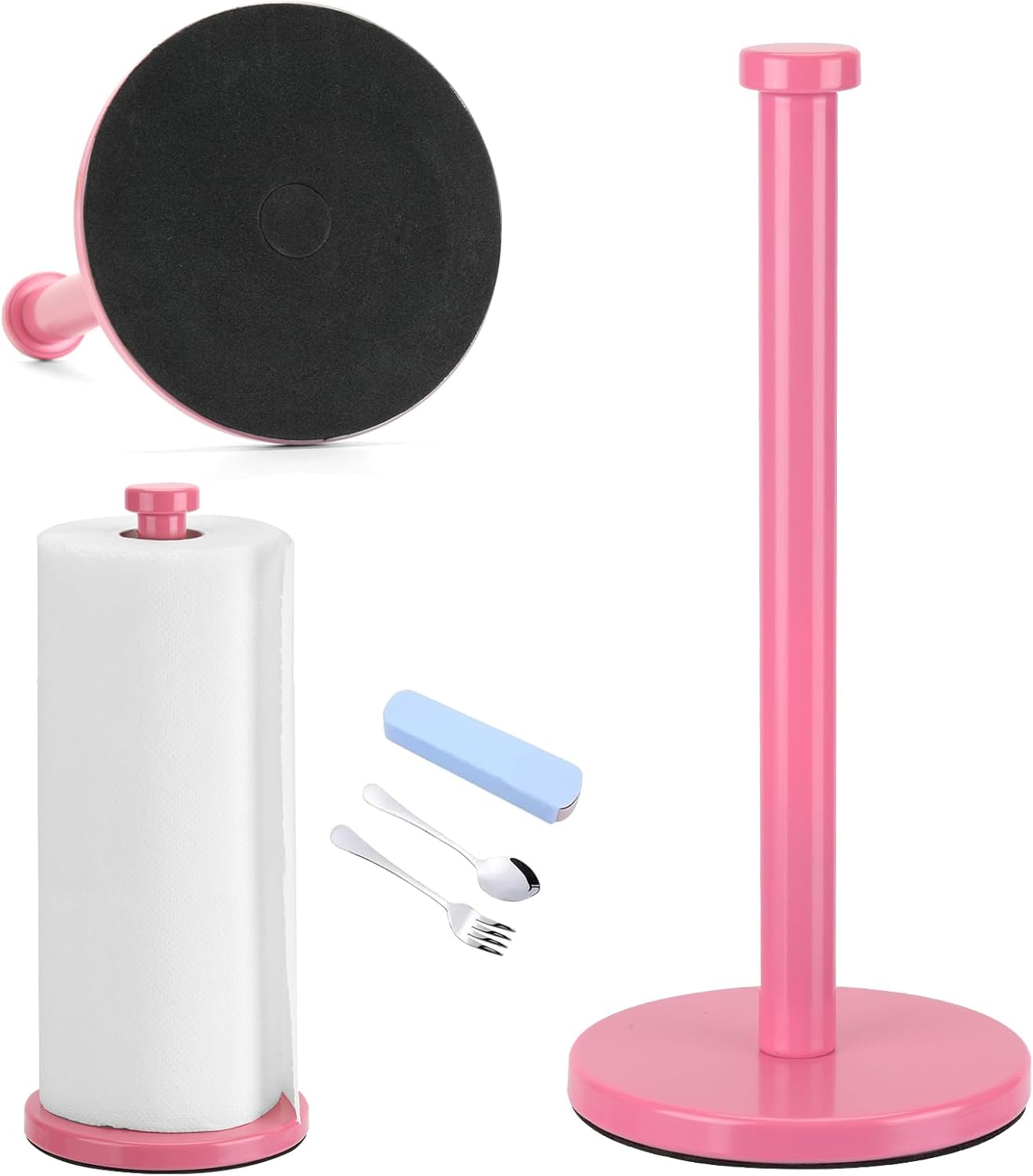 Stainless Steel Paper Towel Holder, Pink, Countertop for Kitchen & Bathroom, Standing with Weighted Base for Standard or Rolls, Brushed Brass