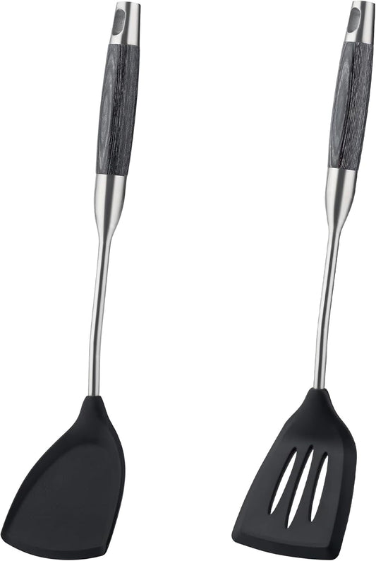 FJNATINH Silicone Spatulas and Turner Set - Stainless Steel Wok Tools, Wok Utensil, Heat Resistant Rubber Spatulas for Fish, Eggs, Pancakes, Wok,2 Pack