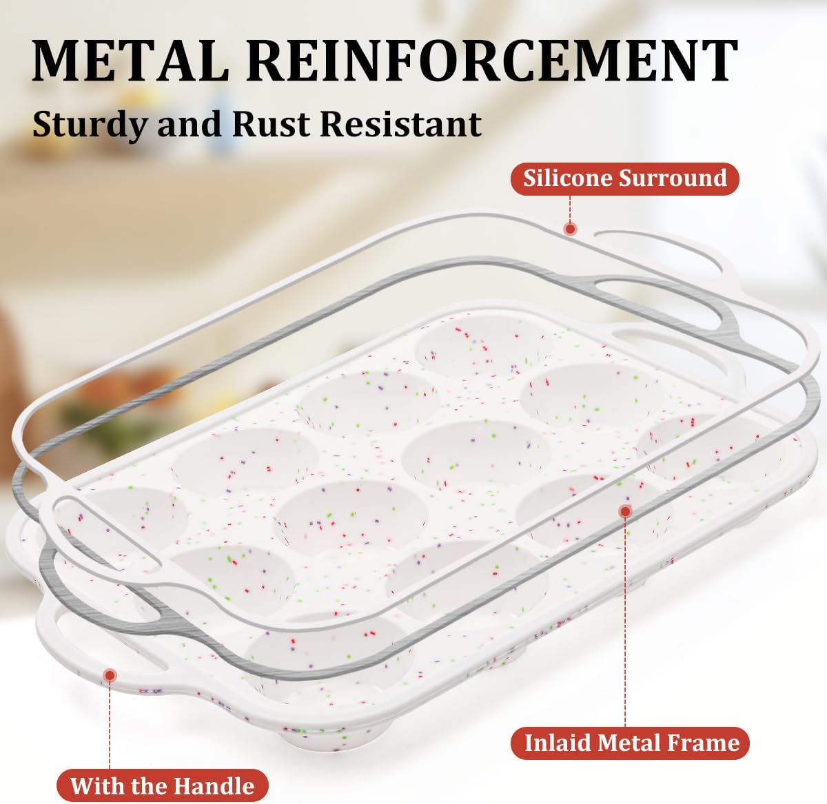 Silicone Muffin Pan with Metal Frame, Metal Reinforced Frame Regular Size Cupcake Pan with Handle 12 Cups Nonstick Muffin Pan for Baking BPA Free 2 Pack