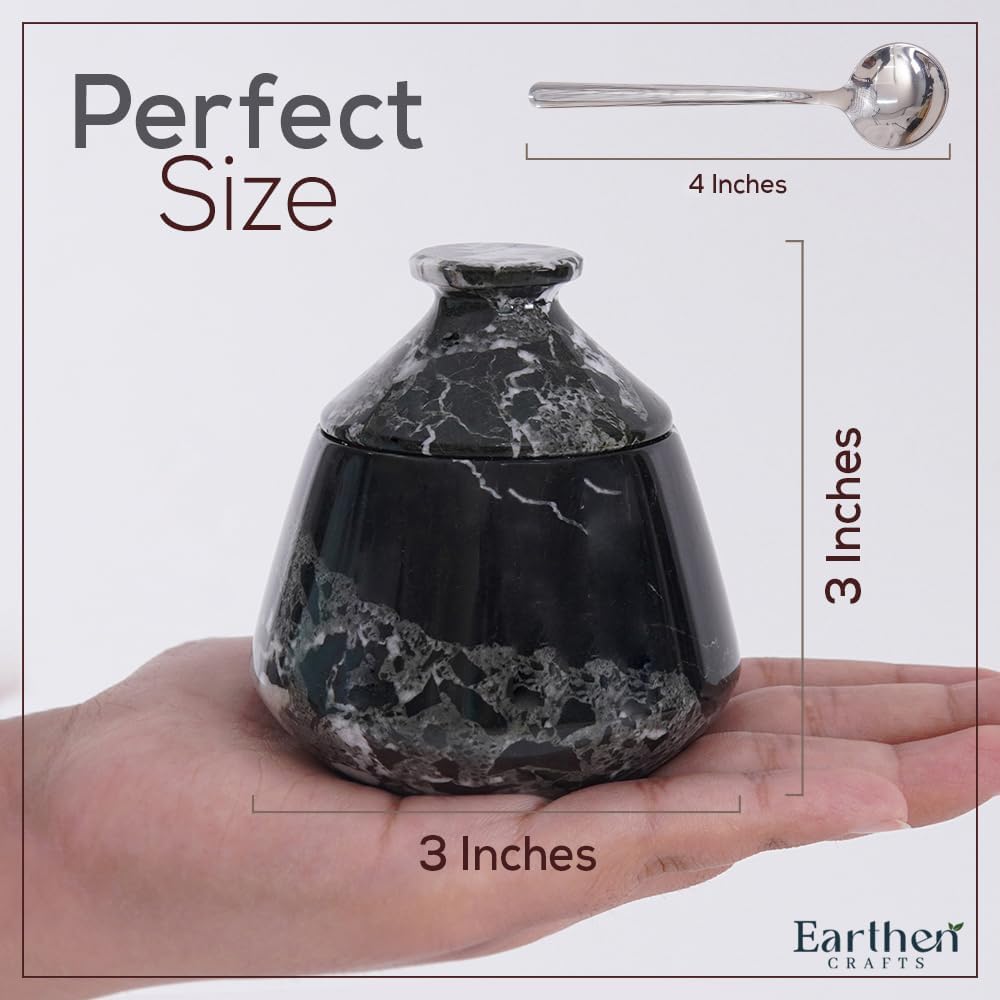 Marble Salt Cellar with Lid & Spoon Black Zebra 3" Inches Stone Salt Holder for Counter, Salt and Spice Jar Seasoning Containers