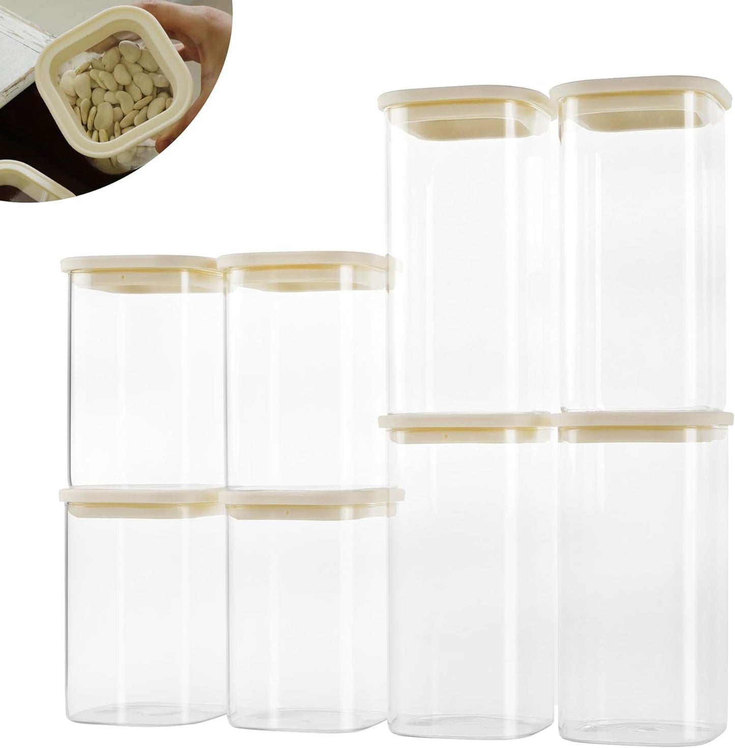 8pcs Square Pantry Glass Jars with Clear Airtight Lids Kitchen Canisters Sets for Flour, Sugar Refrigerator Safe, Available in 2 Sizes: 40oz / 54 oz, Patent Approved