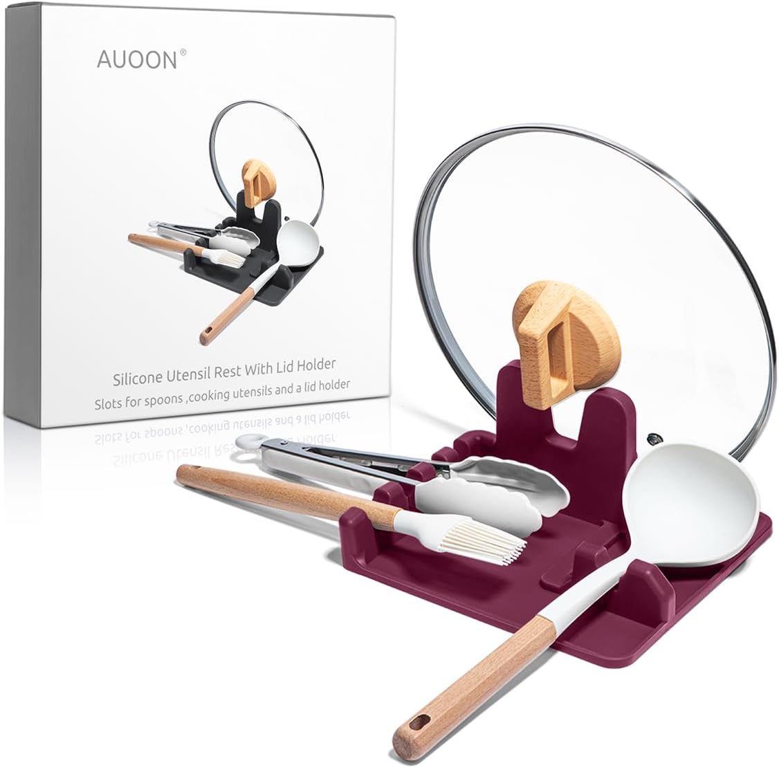 AUOON Spoon Holder for Stove - Silicone Spoon and Lid Rest with Drip Pad Kitchen Utensil Rest for Spoons, Ladles, Spatulas, Tongs & More (Cherry, Large)