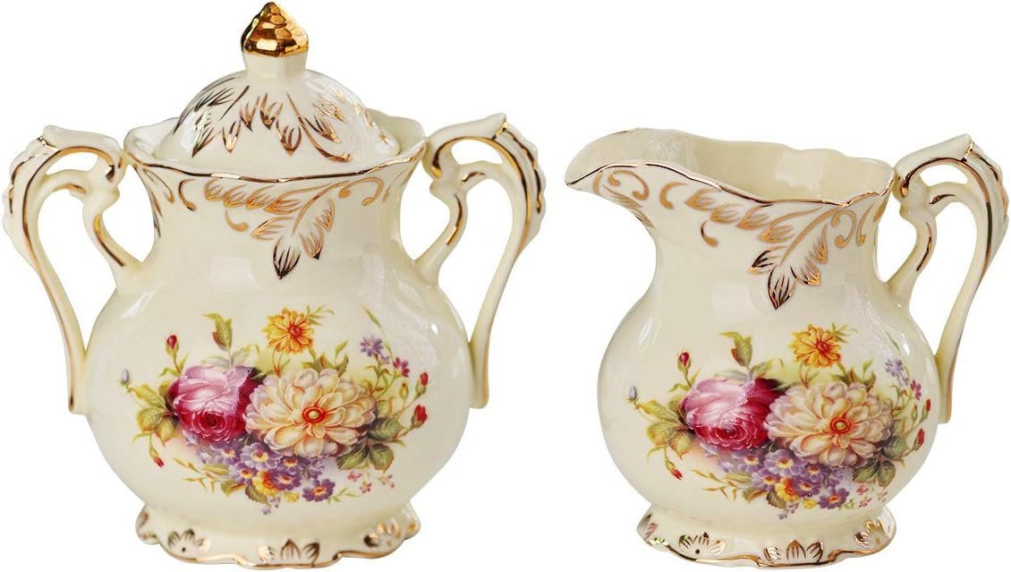 YOLIFE Ceramic Sugar and Creamer Set, Vintage Ivory Flowering Shrubs Golden Leaves Edge Porcelain Creamer Sugar Bowl with Lid Coffee Server Set Gifts