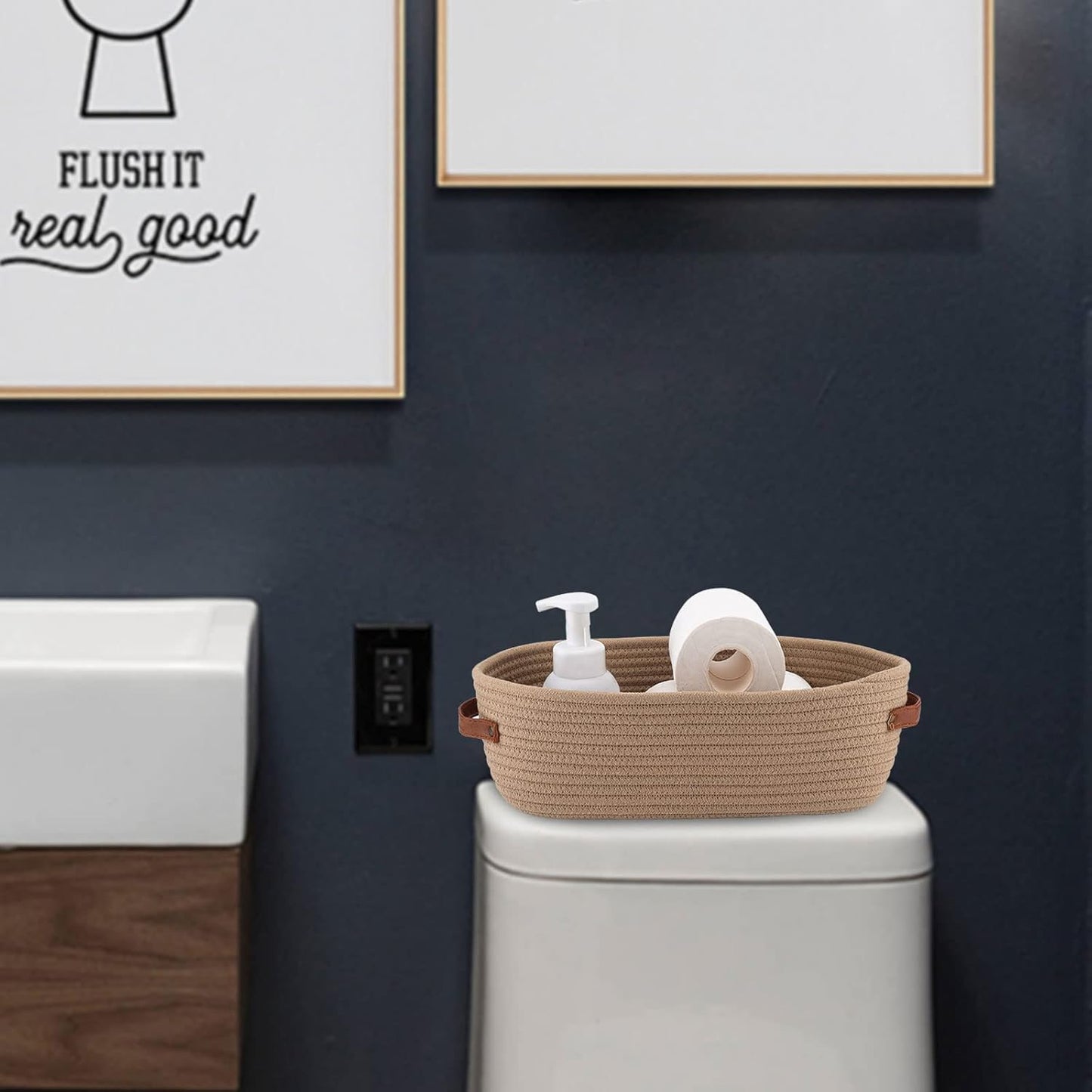 Storage Basket Boho Decor Baskets for Organizing Woven Decorative Basket for Countertop Toilet Paper Basket for Toilet Tank Top Shelf Basket with Handle Khaki