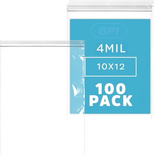 GPI - 10" x 12" - Bulk Pack of 100, 4 Mil Thick, Heavy Duty, Clear Plastic Reclosable Freezer Zip Bags, Strong & Durable Poly Baggies with Resealable Zipper Top Lock.