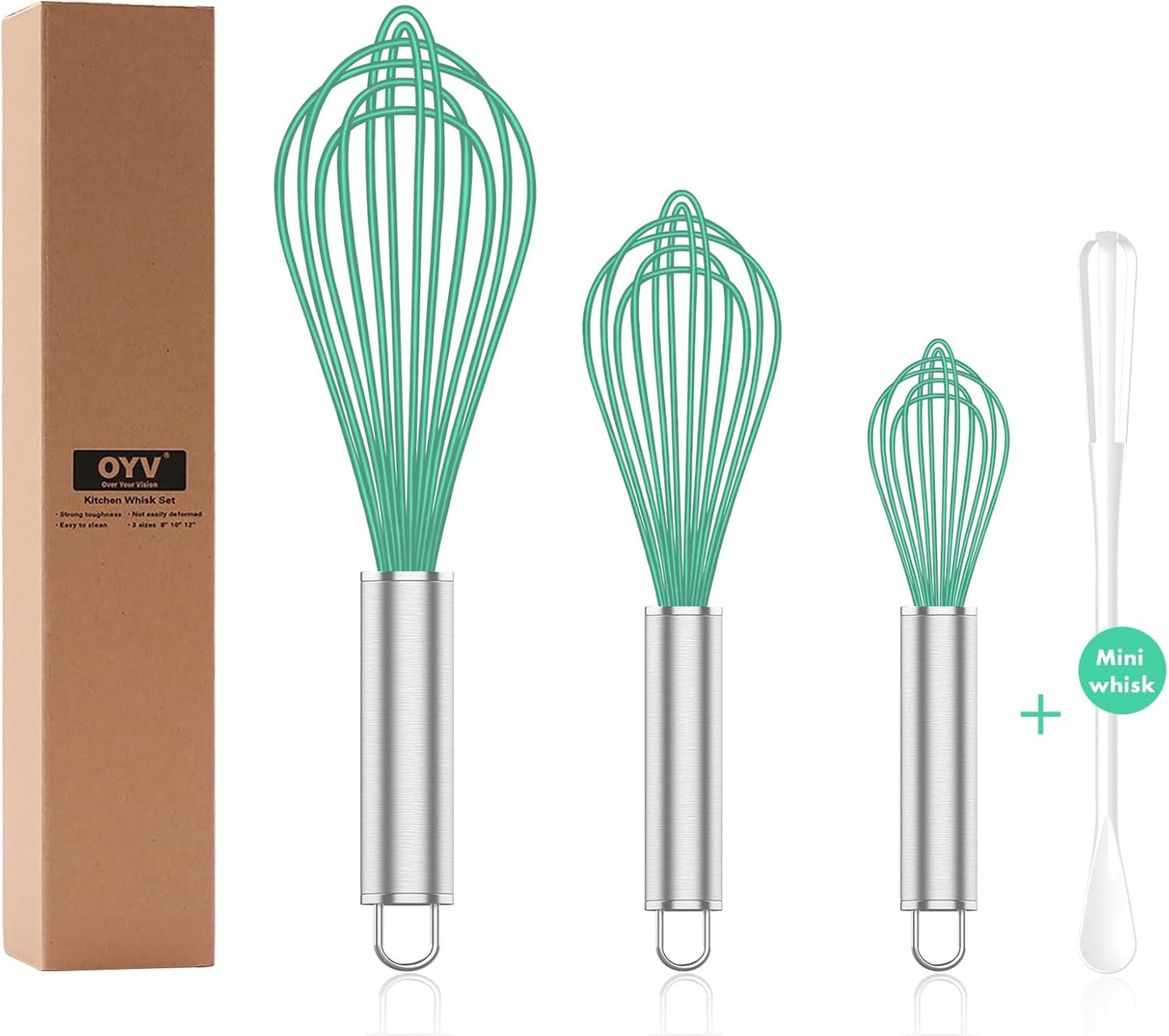 Teal Silicone Whisk, Professional Silicone Whisks For Cooking Non Scratch, Stainless Steel & Silicone Wisk,Plastic Rubber Whisk Tool for Nonstick Cookware Pans, Silicon Wisks Set of 3, Aqua
