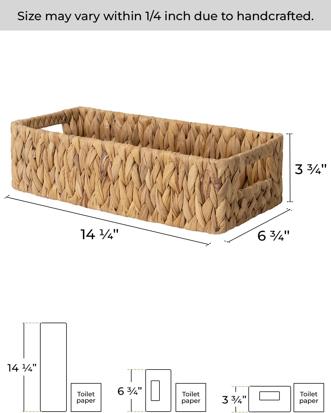 StorageWorks Water Hyacinth Basket for Toilet Paper, Wicker Baskets for Storage with Built-in Handles, 14 ¼"L x 6 ½"W x 3 ¾"H
