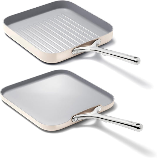 Caraway Griddle Pan & Grill Pan Duo - Non-Stick Ceramic Coated - Non Toxic, PTFE & PFOA Free - Oven Safe & Compatible with All Stovetops – Cream