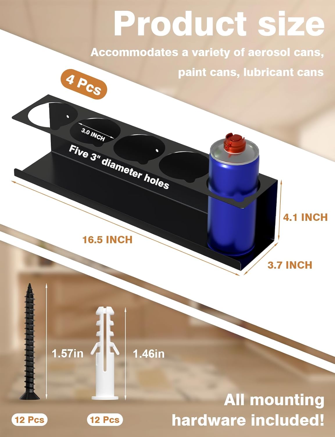 4 Pack Spray Can Holder Organizer, Wall-Mounted Steel Spray Bottle Rack, Tool Box Storage Rack, 5 Cans Metal Paint Can Organizer for Garage, Workspace, Shop, Home or Tool Trailer, Black