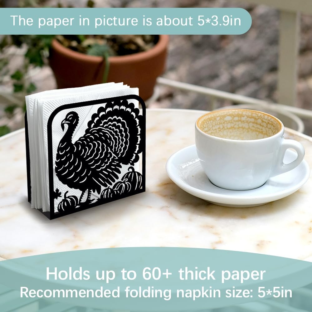 Turkey Decorative Black Metal Napkin Holder for Table, 4.9" x 4.9" x 1.9" Standing Napkin Holder for Home Kitchen Restaurant Picnic Party Coffee Bar Dining Room