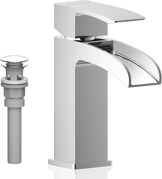 Polished Chrome Bathroom Faucet 1 Hole Waterfall, Vanity Faucet for Sink Single Handle Modern Mixer Tap with Pop-up Drain Stopper for Lavatory Farmhouse RV