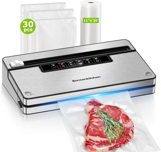 Bonsenkitchen Vacuum Sealer Machine, Stainless Steel Food Sealer Vacuum Sealers with 30 Bags & 1 Roll, 5 Food Vacuum Modes, Built-in Cutter & Bag Storage (Silver Black)
