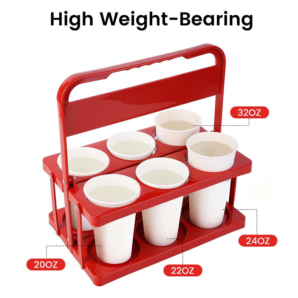 Bodaon 6 Cup Drink Carrier with Handle, Plastic Cup Carriers for Drinks, Drink Holder for Car, GrubHub/Eats Doordash Accessories, Portable Foldable Reusable Mobile, Use for Food Delivery Bag, Red