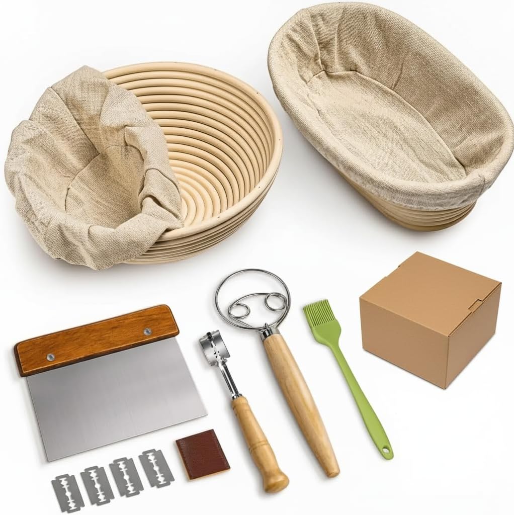 Premium Bread Proofing Basket Set – 9" Round & 10" Oval Sourdough Baskets with Dough Whisk, Bread Lame, Scraper & Silicone Brush – Rattan Bread Baking Kit for Perfect Fermentation & Artisan Loaves